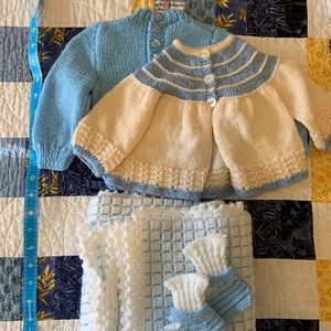 Hand-knit Sweaters, Blanket & Booties  3-6m